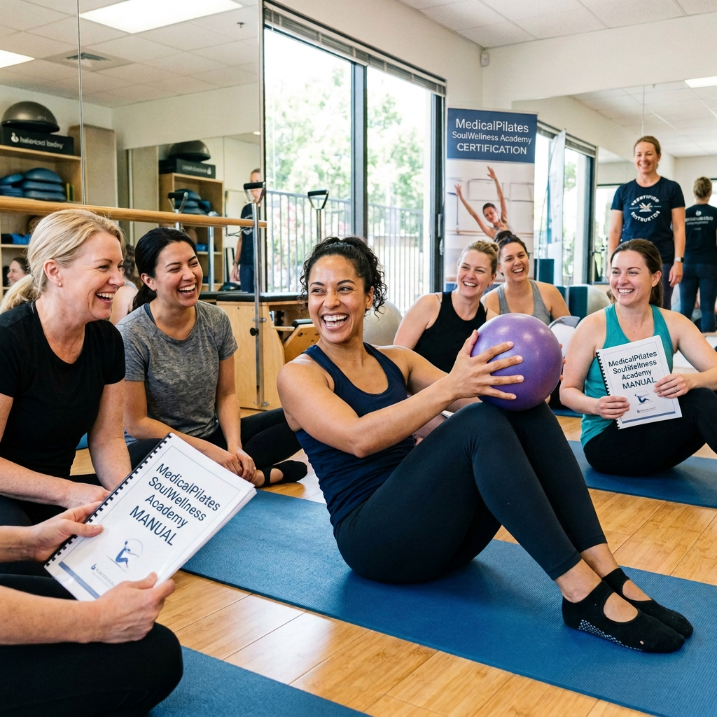 Pilates trainees practicing with a ball during certification training