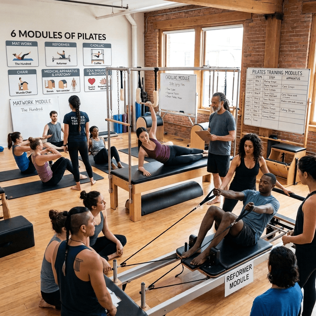 Pilates trainees practicing exercises with instructors in a studio