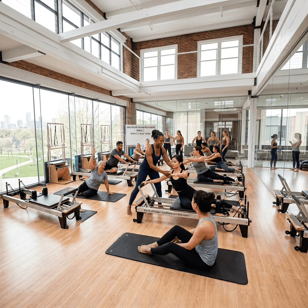 White wood accents in Pilates studio