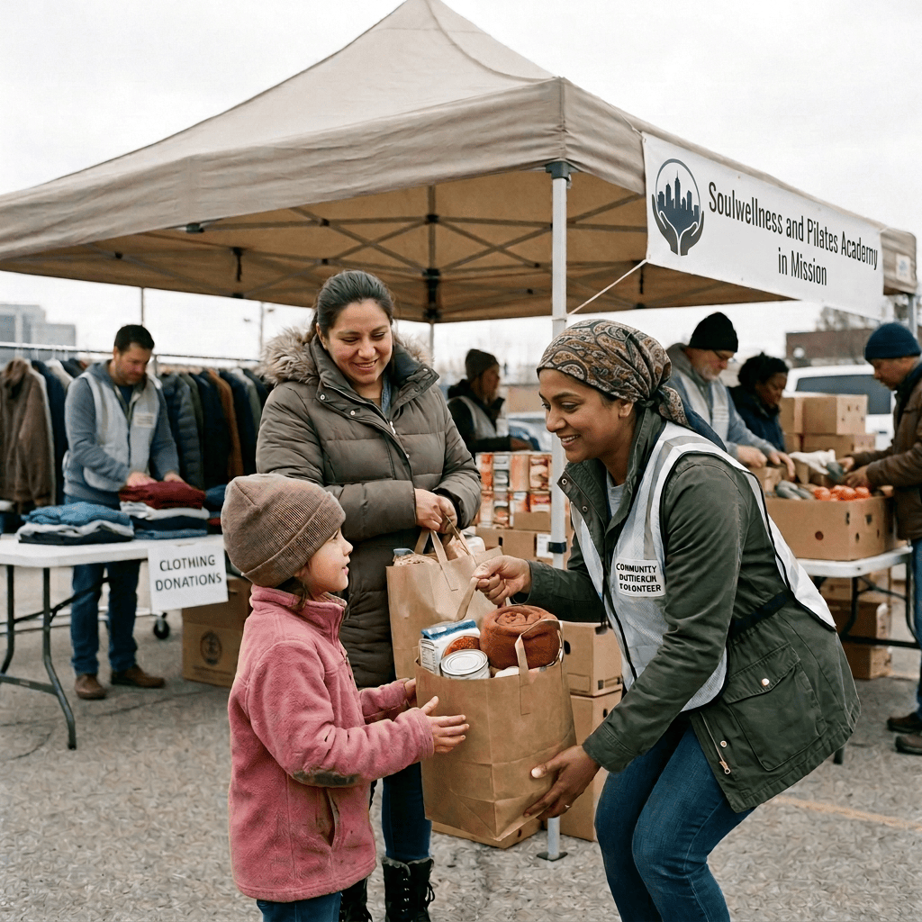 Volunteers hand grocery bags to a child at a community aid tent