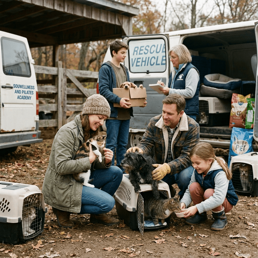Volunteers and children care for rescued cats and dogs beside rescue vehicles
