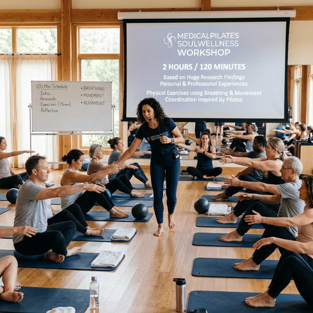 MedicalPilates Soul Wellness Workshop; 2 hours / 120 minutes; breathing, movement, alignment, exercises, reflection