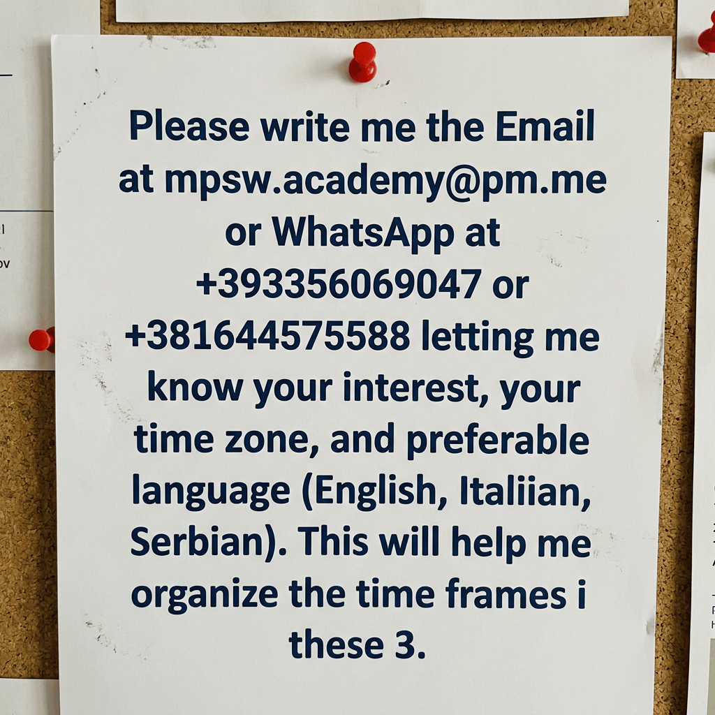 Please write me the Email at mpsw.academy@pm.me or WhatsApp at +393356069047 or +38164457558 letting me know your interest, your time zone, and preferable language (English, Italian, Serbian). This will help me organize the time frames i these 3.