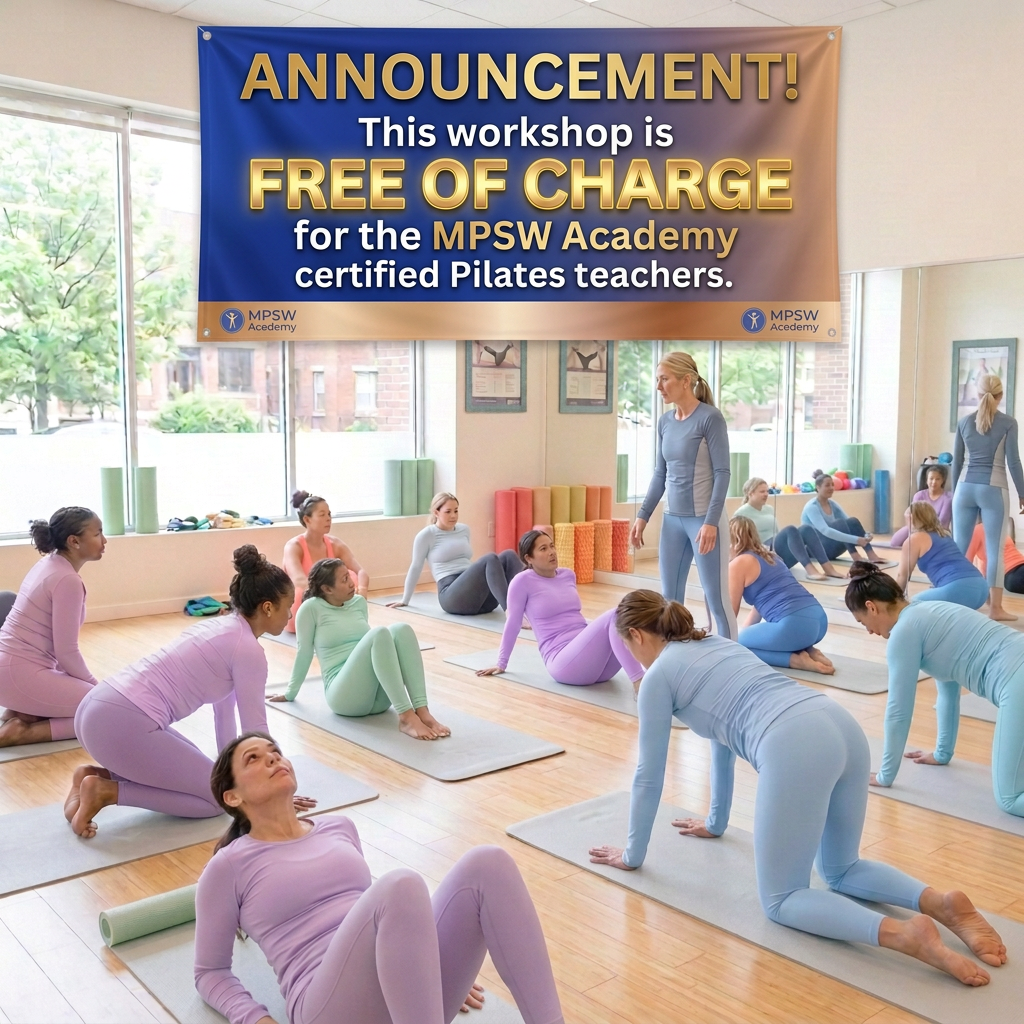Pilates instructor leading a workshop beneath a free MPSW Academy banner