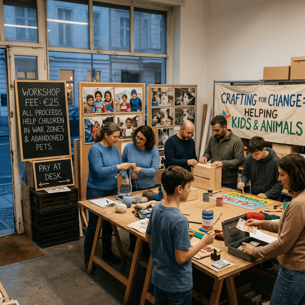 People crafting at a fundraiser for children in war zones and abandoned pets